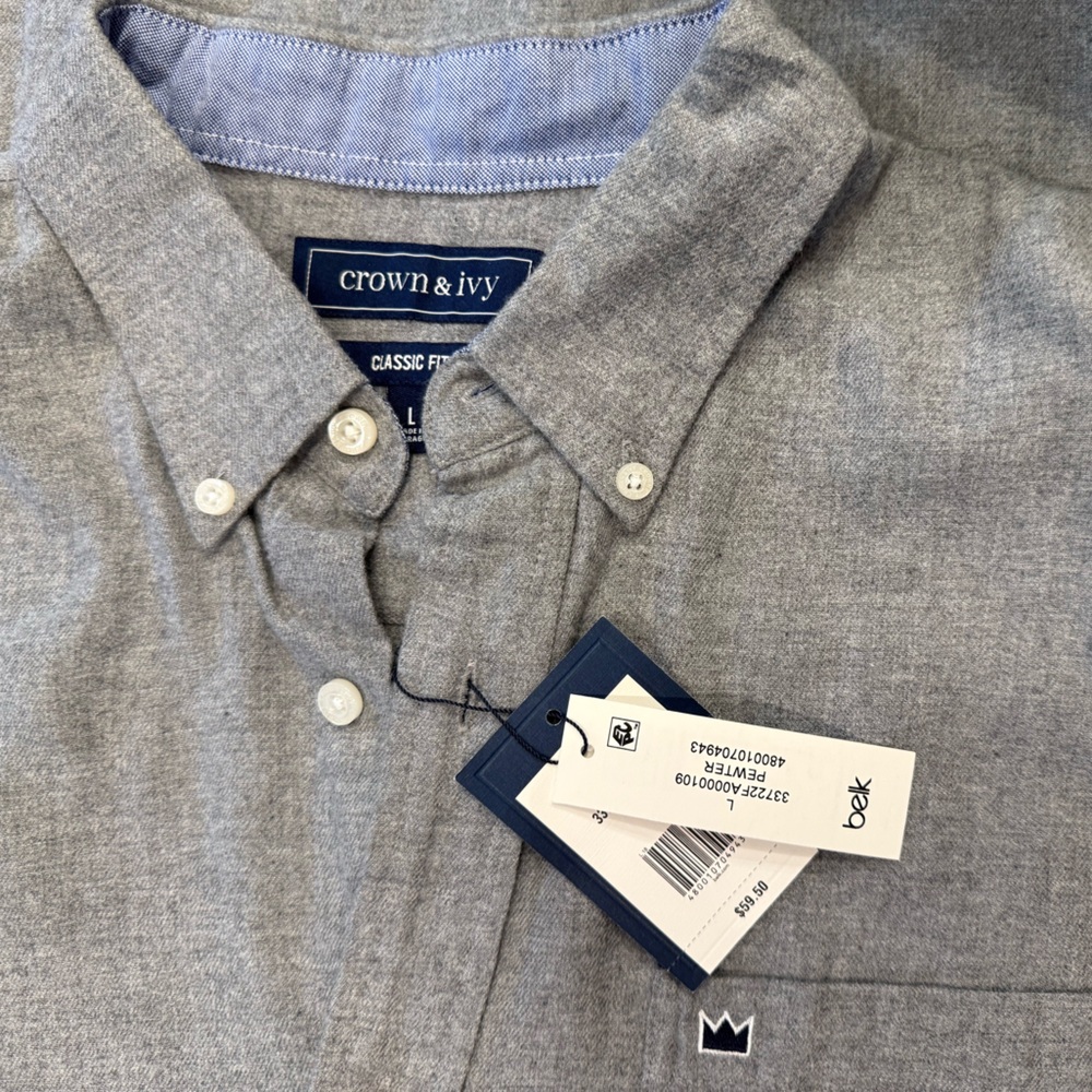 NWT Men’s Gray Thin Flannel Button Down Shirt L Crown & Ivy Classic Fit Preppy - Picture 4 of 12